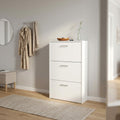 MOLLY SHOE RACK WITH 3 FLAP DOORS, WHITE. Shoe rack in 16 mm thick WHITE wood. Dimensions: 59 x 25 x 105 cm.