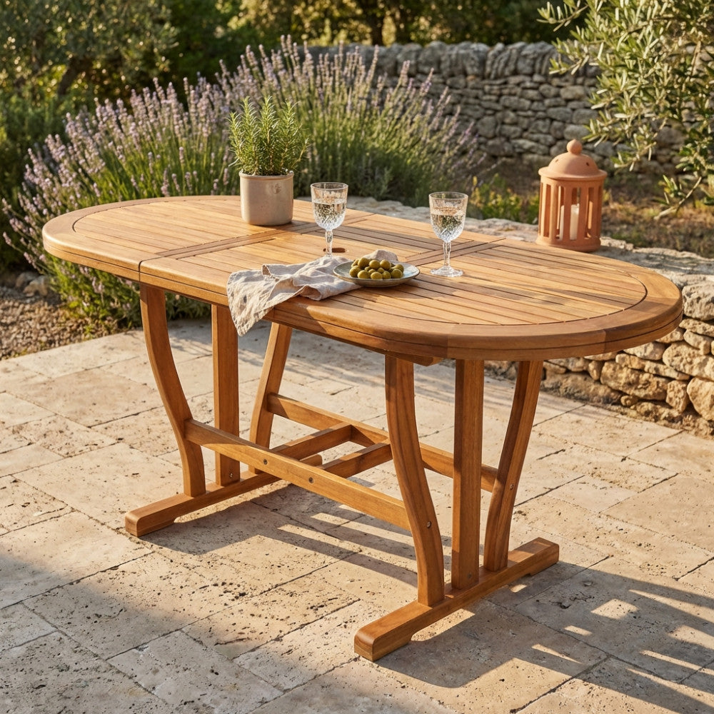 TAVOLO Oregon OVALE 120/160 X 70 DOUBLE. Legno di Acacia massiccio spessore 44 mm doppio bordo Dimensioni: cm 120/160 x 70 x 74 h. Arredo Giardino
