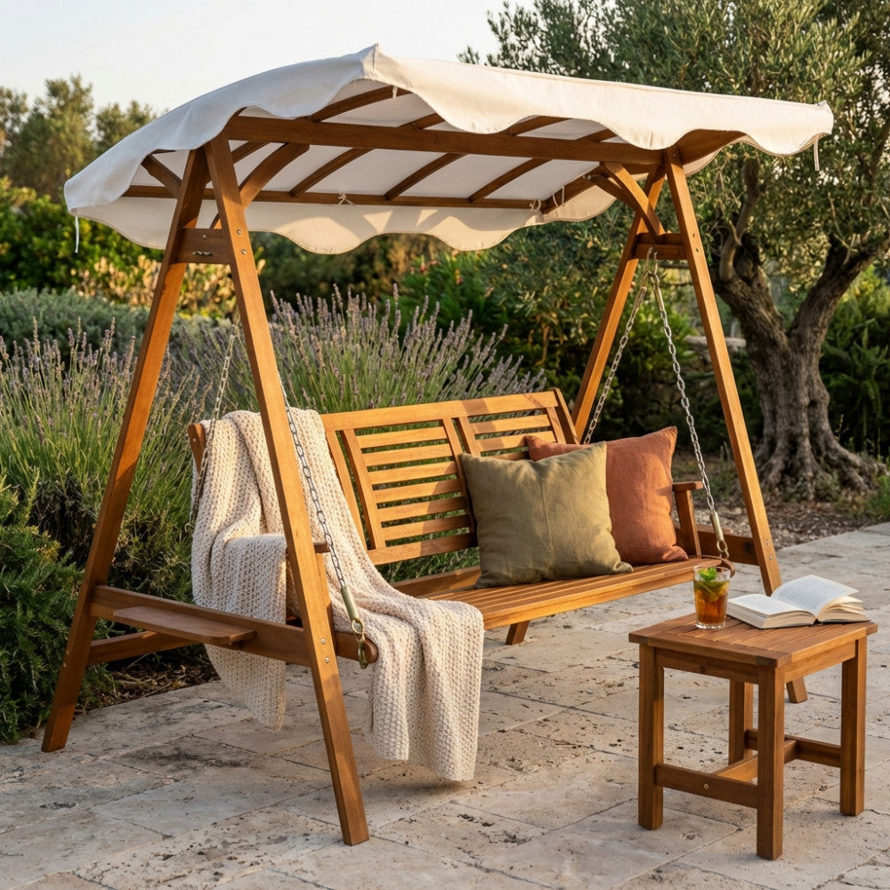 Quito 3-Seater Swing. Solid acacia wood, polyester cover. Dimensions: 206 x 130 x 200 cm. Garden Furniture.