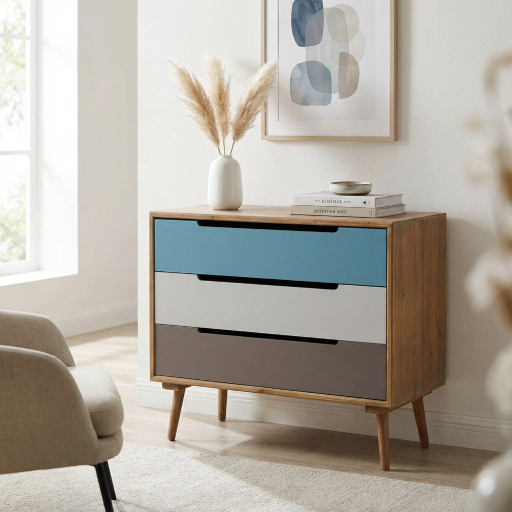 MOBILE BRISBANE. Struttura in MDF, gambe in legno di pino, top colore MARRONE 3 cassetti colorati Dimensioni: cm 80 x 35,5 x 66,5 h.