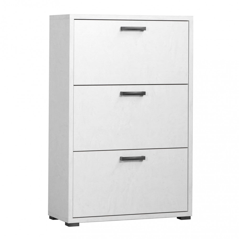 3-DOOR FLAP-TOP SHOE RACK, CEMENT WHITE. Dimensions: 75.3 x 33 x 115.7 cm.
