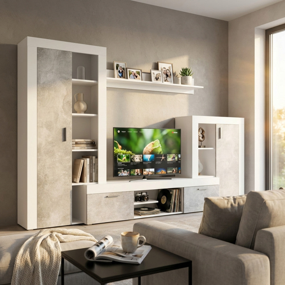 NOBEL LIVING ROOM WALL WHITE AND GREY CONCRETE EFFECT. WHITE and GREY CONCRETE EFFECT wooden wall Dimensions: 263 x 40 x 200 h cm.