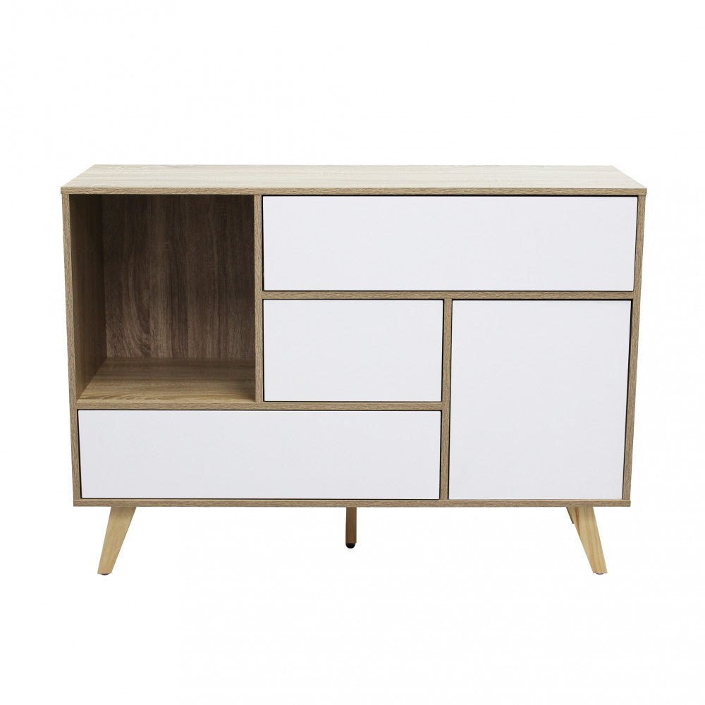 MOBILE EMORY BIANCO E NATURALE. Mobile in melammina con 1 ante, 3 cassetti e 1 ripiano naturali, struttura bianca o grigio scura Dimensioni: 119 x 39,5 x 85,6 h.