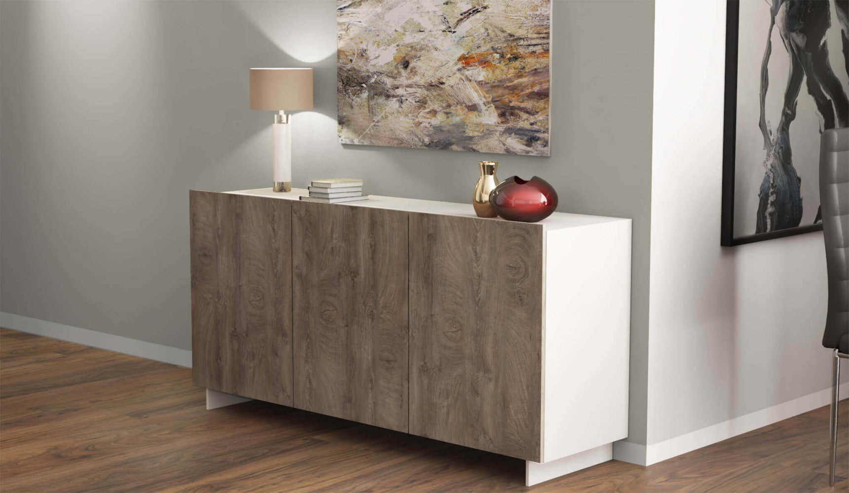 CREDENZA CARLILE BIANCO E ROVERE CHIARO. Credenza in legno BIANCO e ROVERE CHIARO Dimensioni: cm 150 x 40 x 76 h.