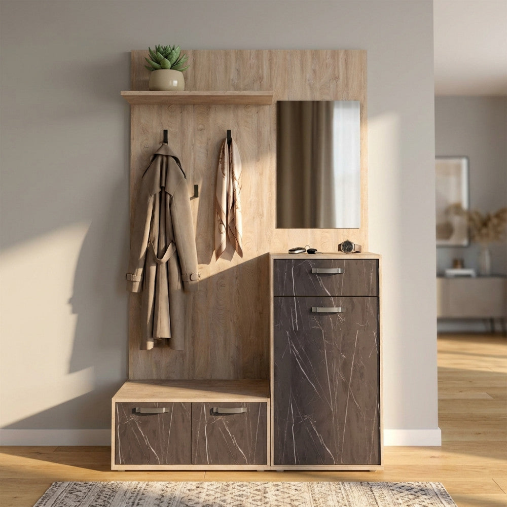 MOBILE PER ENTRATA SMERALDO ROVERE CHIARO E ANTRACITE. Dimensioni: cm 115 x 35 x 197 h.