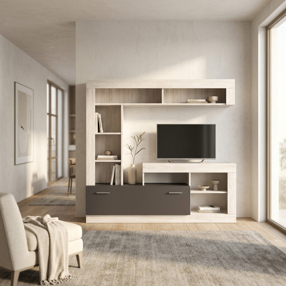 PARETE SOGGIORNO LEONARD PINO CHIARO E GRIGIO. Dimensioni: cm 170 x 42 x 170 h.