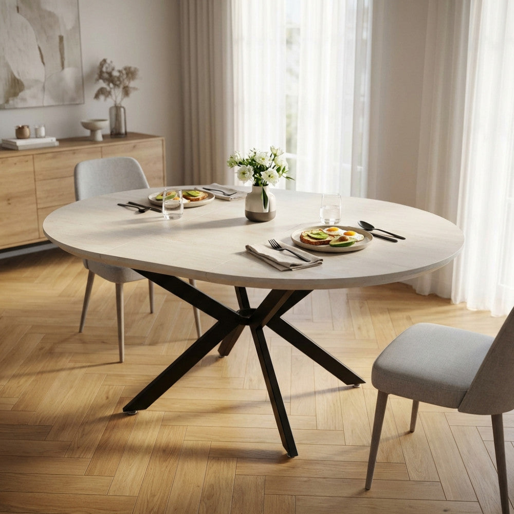 GARRY EXTENDABLE ROUND TABLE WHITE WOOD EFFECT BLACK FRAME 120/160 X 120. Table with MDF top and metal frame. Dimensions: 120 cm l x 120 px 76 h. Garden Furniture