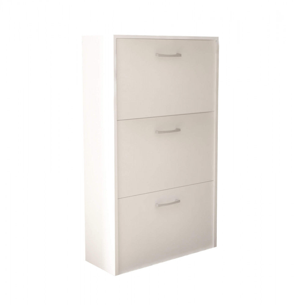 MOLLY SHOE RACK WITH 3 FLAP DOORS, WHITE. Shoe rack in 16 mm thick WHITE wood. Dimensions: 59 x 25 x 105 cm.