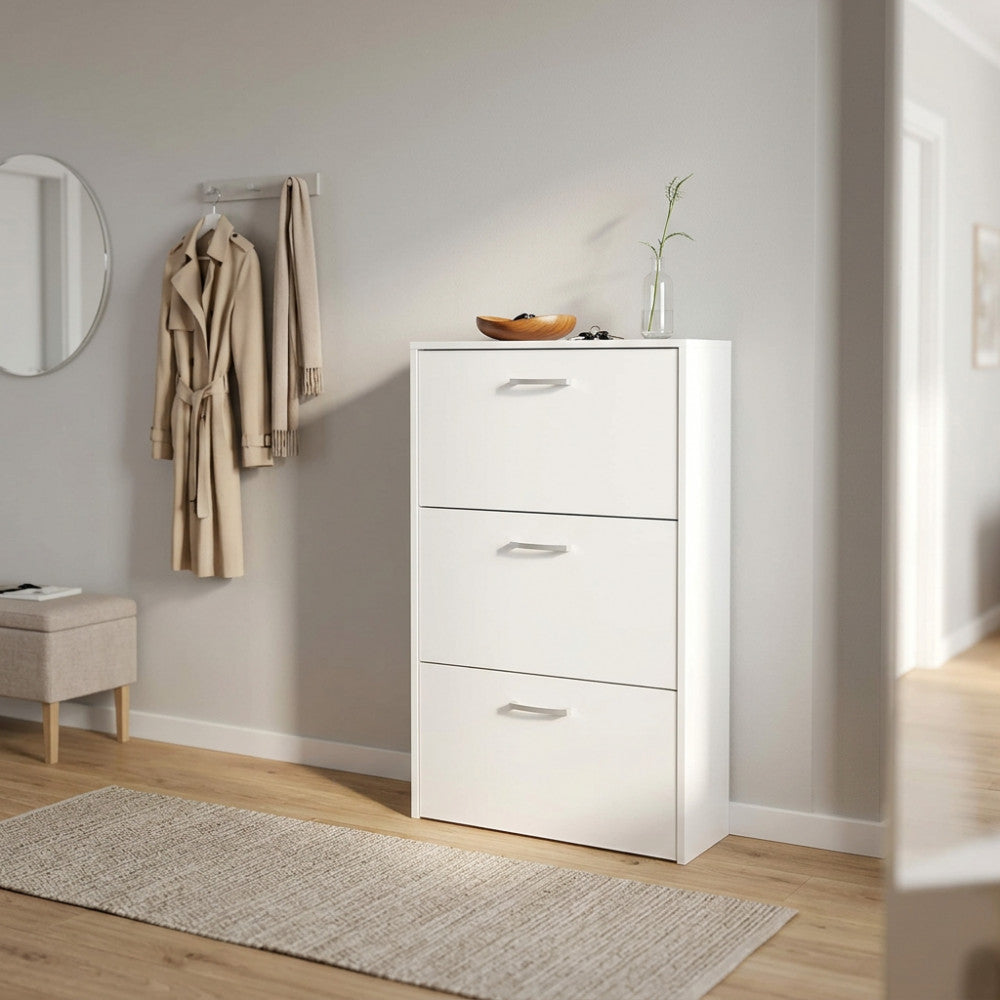 SCARPIERA MOLLY 3 ANTE A RIBALTA BIANCO. Scarpiera in legno BIANCO spessore 16 mm Dimensioni: cm 59 x 25 x 105 h.