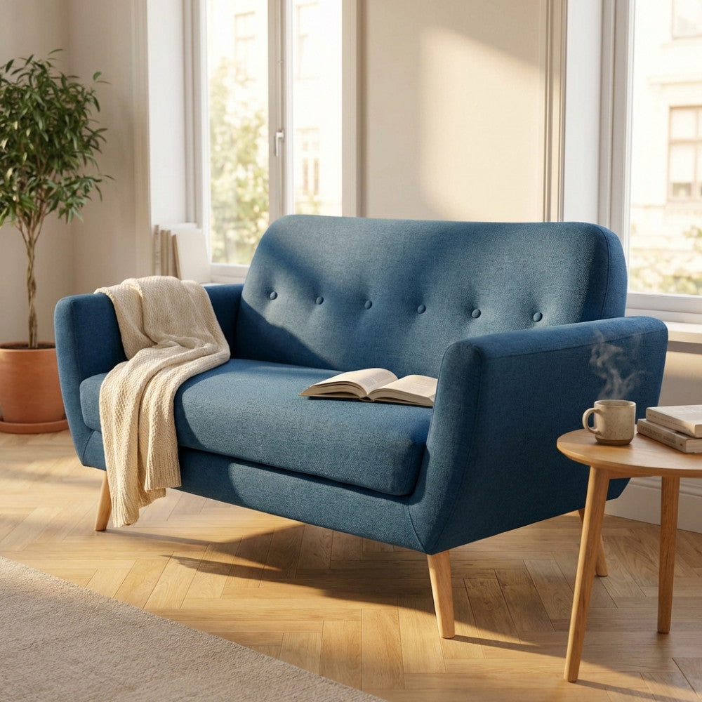 DIVANO 2 POSTI BURTON. Divano GRIGIO CHIARO, GRIGIO SCURO o BLU con bottoni e gambe in polipropilene Dimensioni: cm 147 x 79 x 86 h.