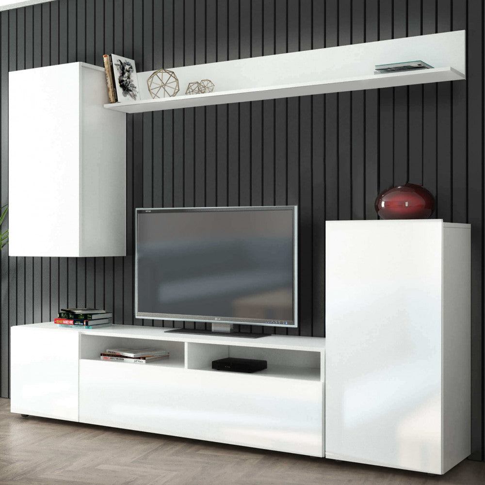 PARETE SOGGIORNO BRIDGE BIANCO E BIANCO LUCIDO. Parete in legno BIANCO e BIANCO LUCIDO Dimensioni: cm 207 x 34 x 170 h.