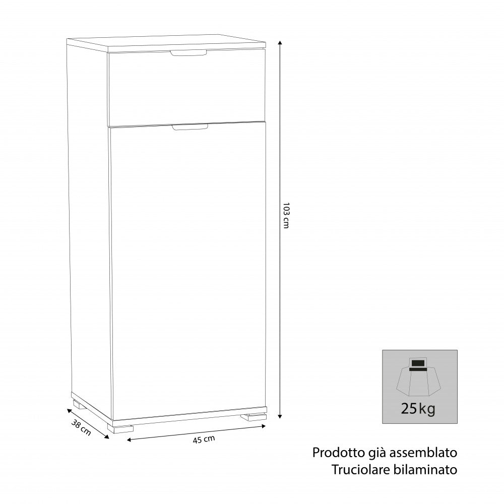 MOBILETTO BAKU CON 1 ANTA E 1 CASSETTO BIANCA. Dimensioni: cm 45 x 38 x 103 h.
