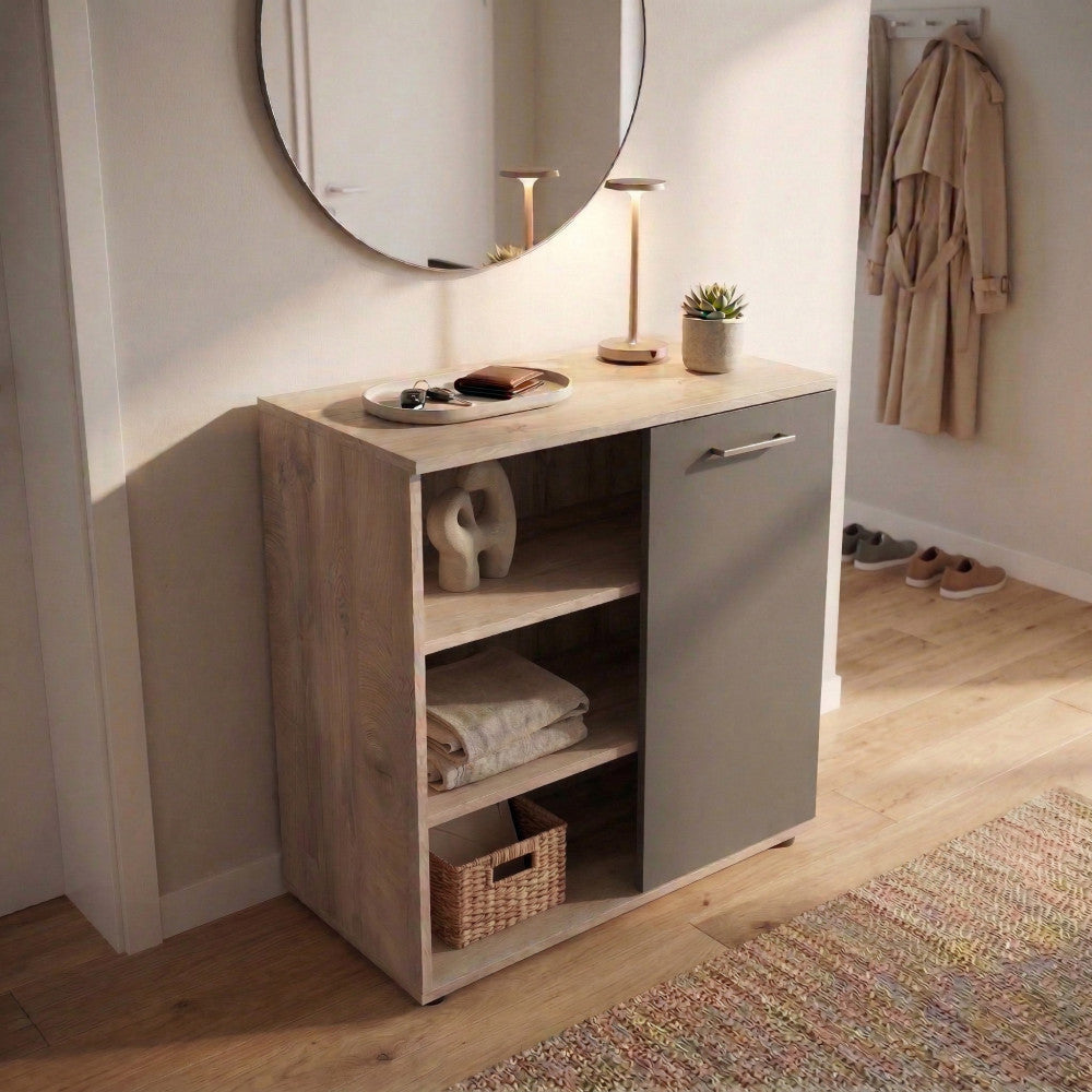 MOBILETTO 1 ANTA E 3 MENSOLE MARK ROVERE CHIARO E ANTRACITE. Dimensioni: cm 68 x 35 x 87 h.