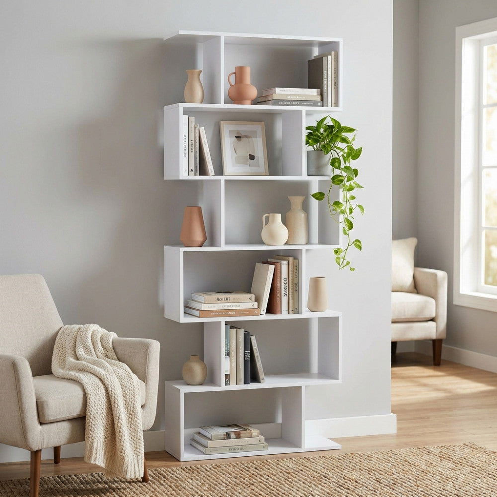 ALANA BOOKCASE, WHITE AND NATURAL. Bookcase in natural, white, or dark gray melamine with 6 shelves. Dimensions: 80 x 23.5 x 190.5 h.
