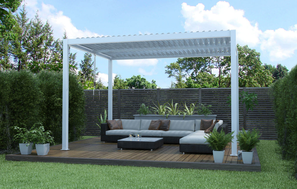 PERGOLA BIOCLIMATICA 3 X 4. Struttura in alluminio bianco o grigio scuro o marrone effetto legno frangisole orientabili a movimentazione manuale copertura a lamelle resistente a tutte le intemperie Dimensioni: m 3 x 4 x 2,5 h. Arredo Giardino