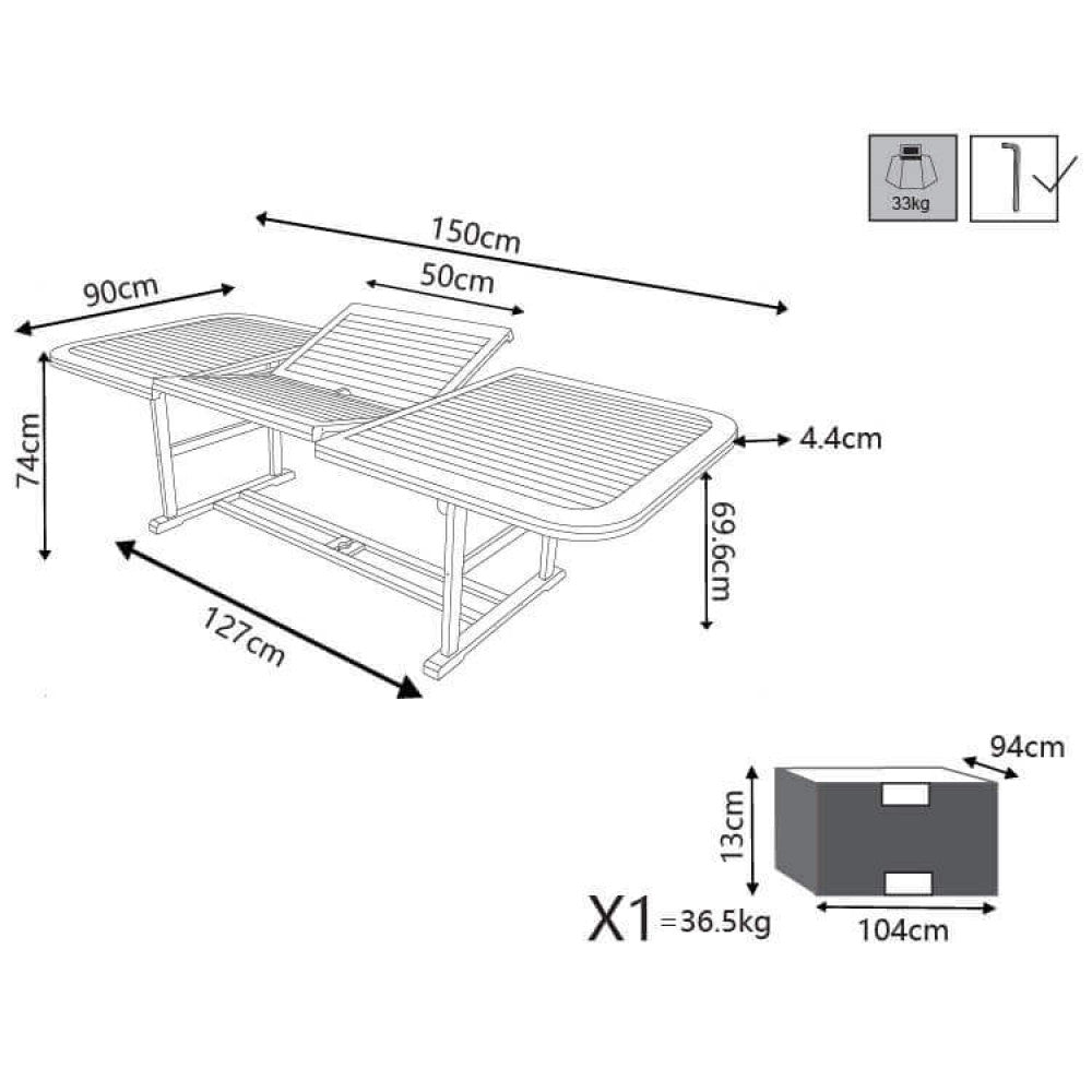 TAVOLO WEST RETTANGOLARE 150/200X90 DOUBLE. Legno di Acacia massiccio spessore 44 mm doppio bordo Dimensioni: cm 150/200 x 90 x 74 h. Arredo Giardino