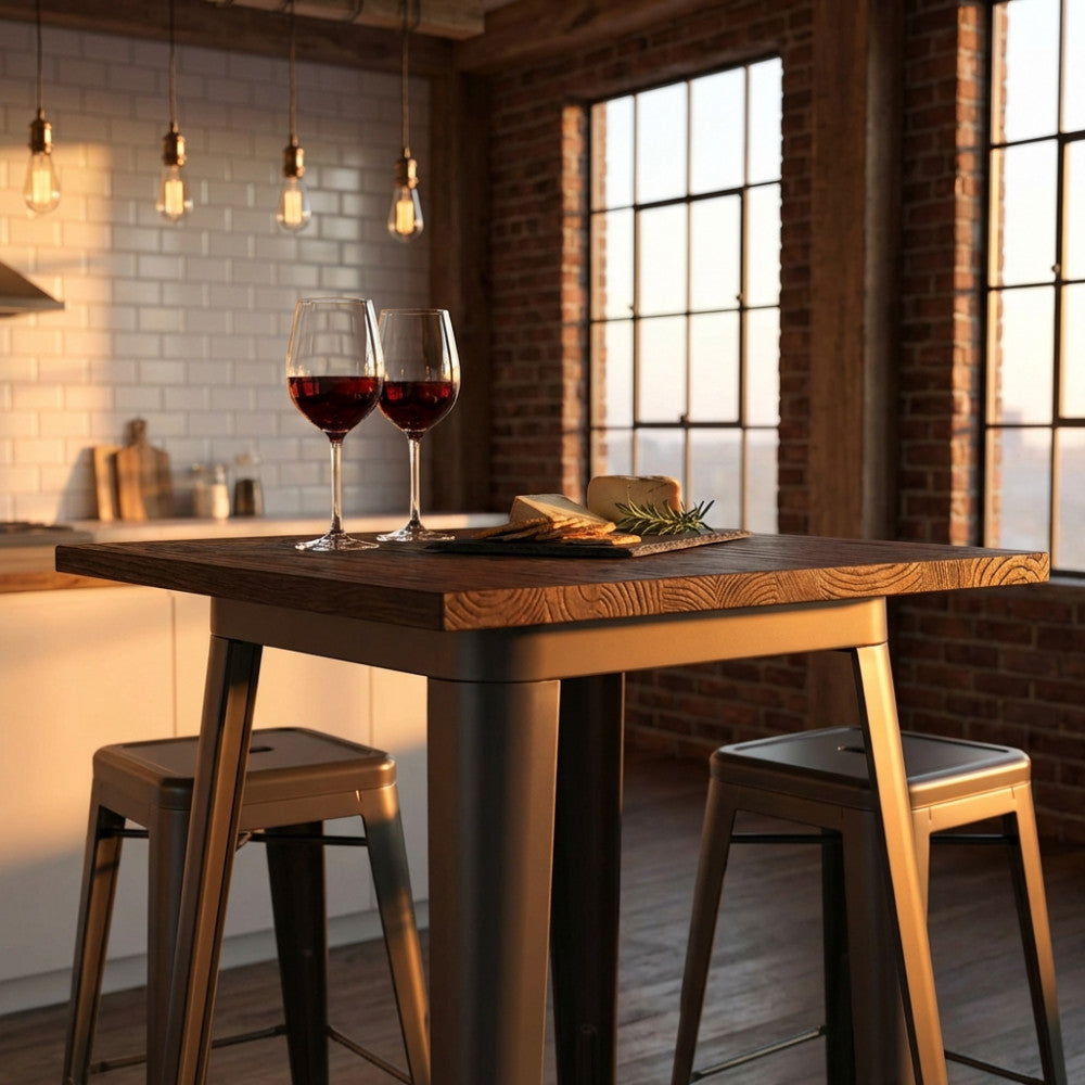 TAVOLINO ALTO PORDOI 60 X 60. Tavolo in metallo con piano in legno Dimensioni: cm 60 x 60 x 103 h.