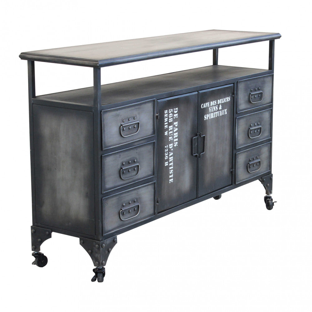 MOBILE IN FERRO EMERIC. Mobile con i ripiano, 6 cassetti e 2 ante Dimensioni: cm 132,5 x 37,5 x 82 h.