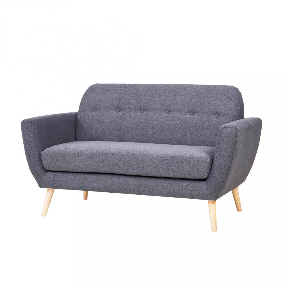 BURTON 2-SEATER SOFA. LIGHT GREY, DARK GREY or BLUE sofa with buttons and polypropylene legs. Dimensions: 147 x 79 x 86 h cm.