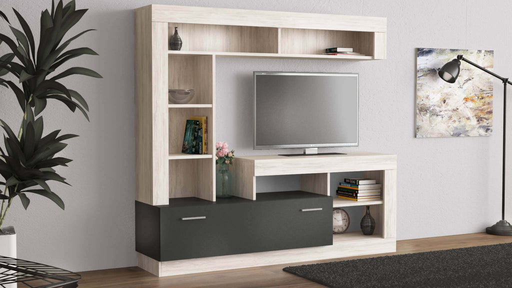 LEONARD LIVING ROOM WALL UNIT IN ANTHRACITE AND LIGHT PINE. Wall unit in ANTHRACITE and LIGHT PINE wood. Dimensions: 170 x 42 x 170 cm.