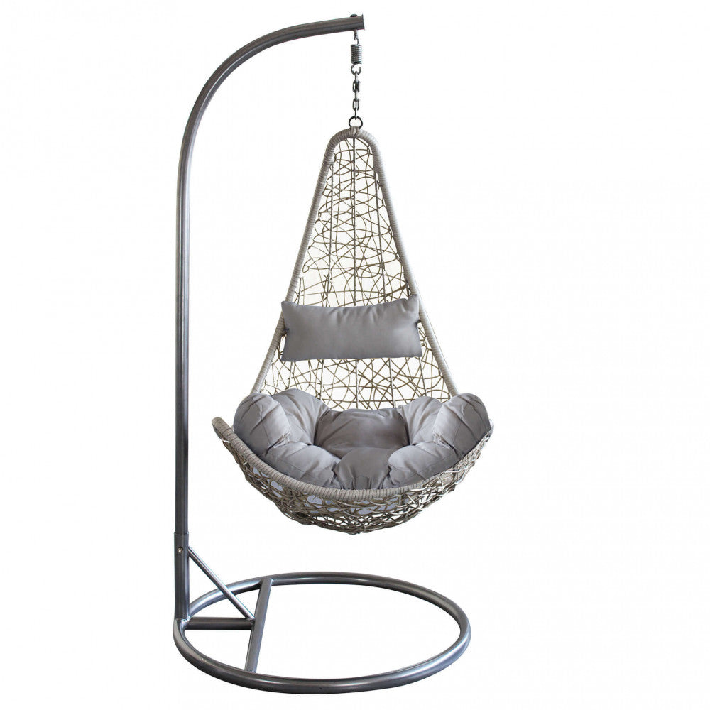PONZA SWING CHAIR. Matt dove grey metal frame, GREY or WHITE or NATURAL wicker seat, 42 x 2.5 mm metal tubes, 42 x 1.5 mm base, matching polyester cushion. Dimensions: Frame 95 x 195 h, seat 80 x 70 x 122 cm. Garden Furniture