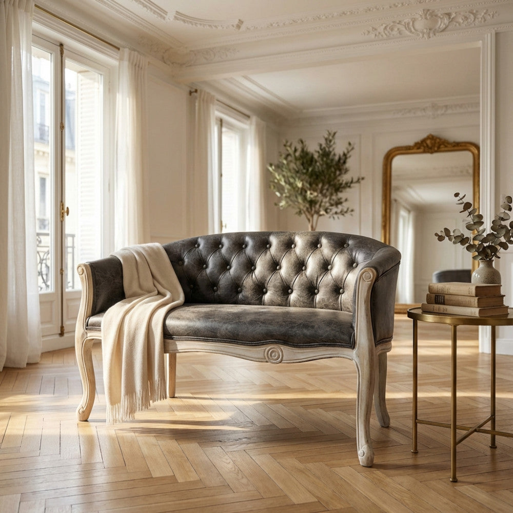 COLEMAN SOFA IN VINTAGE GREY FAUX LEATHER. Dimensions: 107 x 61 x 70 cm h.