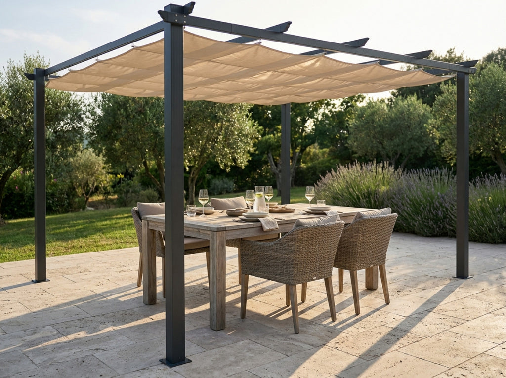 ASTORIA GAZEBO 3 x 4 ANTHRACITE WITH BEIGE CANVAS. 180 g ECRU polyester canopy, ANTHRACITE metal frame. Dimensions: 3 x 4 m. Garden Furniture.
