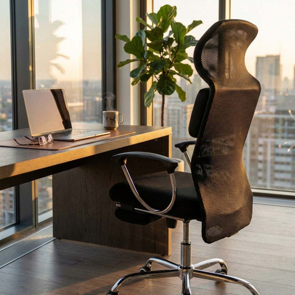 HALEY OFFICE CHAIR. Upholstered mesh office chair, chromed plastic armrests, and chromed base with casters. Dimensions: 59 x 63 x 118/128 cm h.