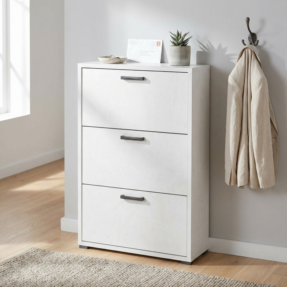 3-DOOR FLAP-TOP SHOE RACK, CEMENT WHITE. Dimensions: 75.3 x 33 x 115.7 cm.