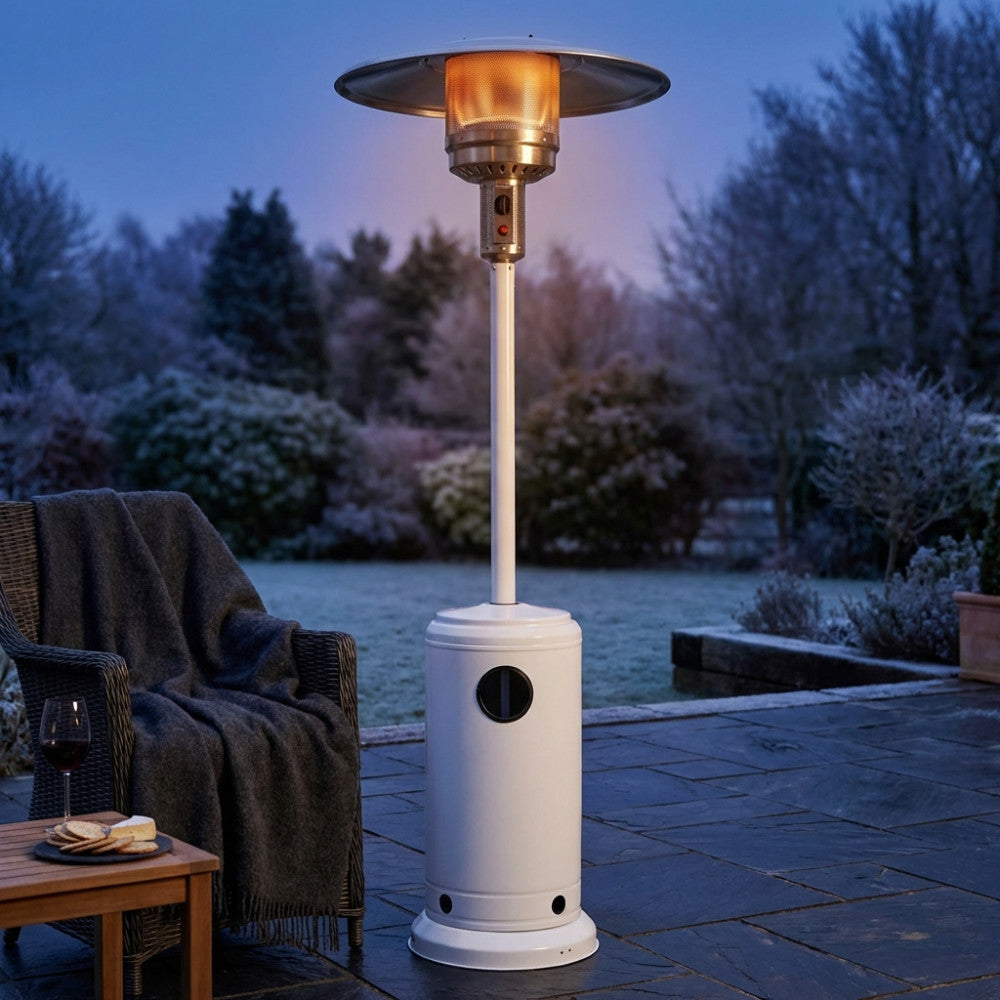 FUNGO A GAS. Struttura in acciaio verniciato a polvere, disponibile BIANCO, GRIGIO CHIARO o SCURO flusso 450g-870g all'ora funziona con propano o butano, bruciatore cm ò 27,5 x 53 h, potenza 5000-13000wats Dimensioni: base (cm ò 46 x 86 h) totale alt...