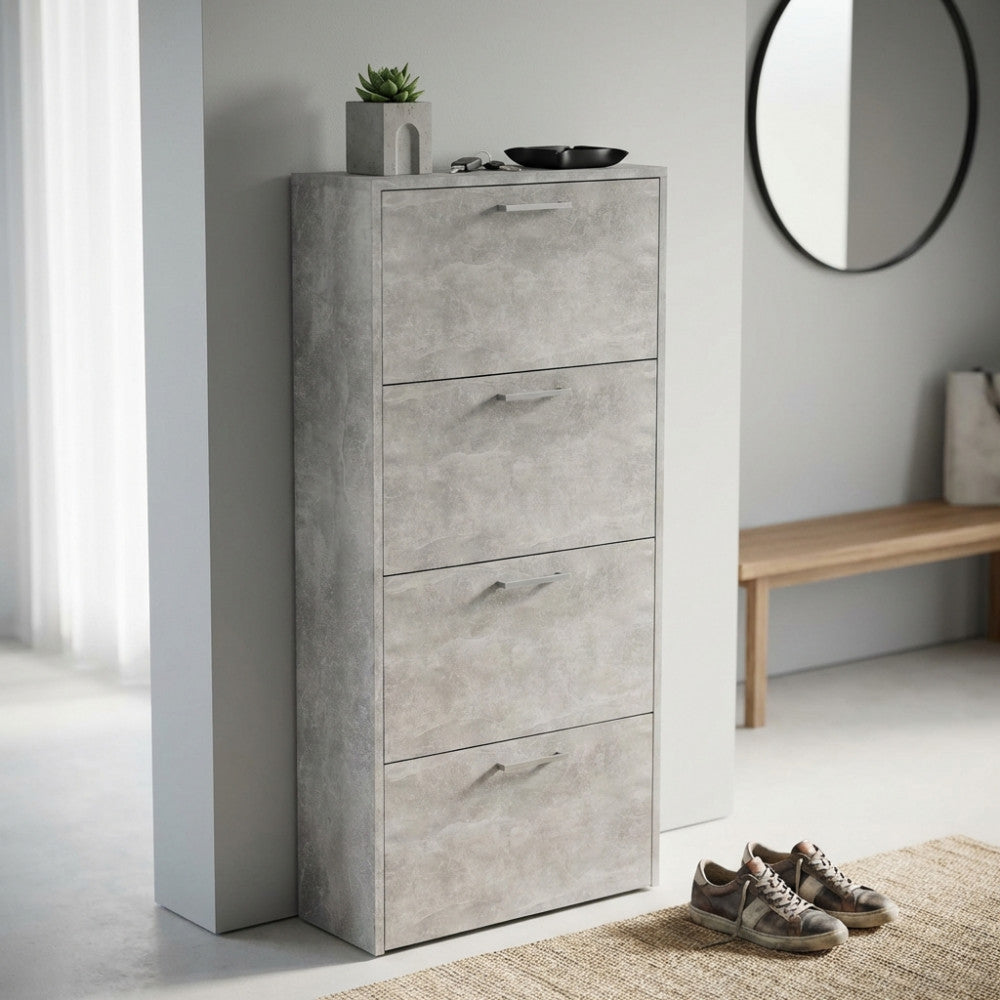MOLLY SHOE RACK WITH 4 FLAP-DOORS, GREY CONCRETE EFFECT. 16 mm thick GREY CONCRETE EFFECT wooden shoe rack. Dimensions: 59 x 25 x 140 cm h.