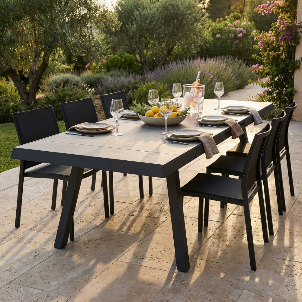 SEATTLE TABLE 205/265 X 105. Structure in ANTHRACITE, TAUPE or WHITE aluminum, table top in GREY wood-effect ceramic in NATURAL taupe. Dimensions: cm 205/265 x 105 x 75 h. Garden Furniture