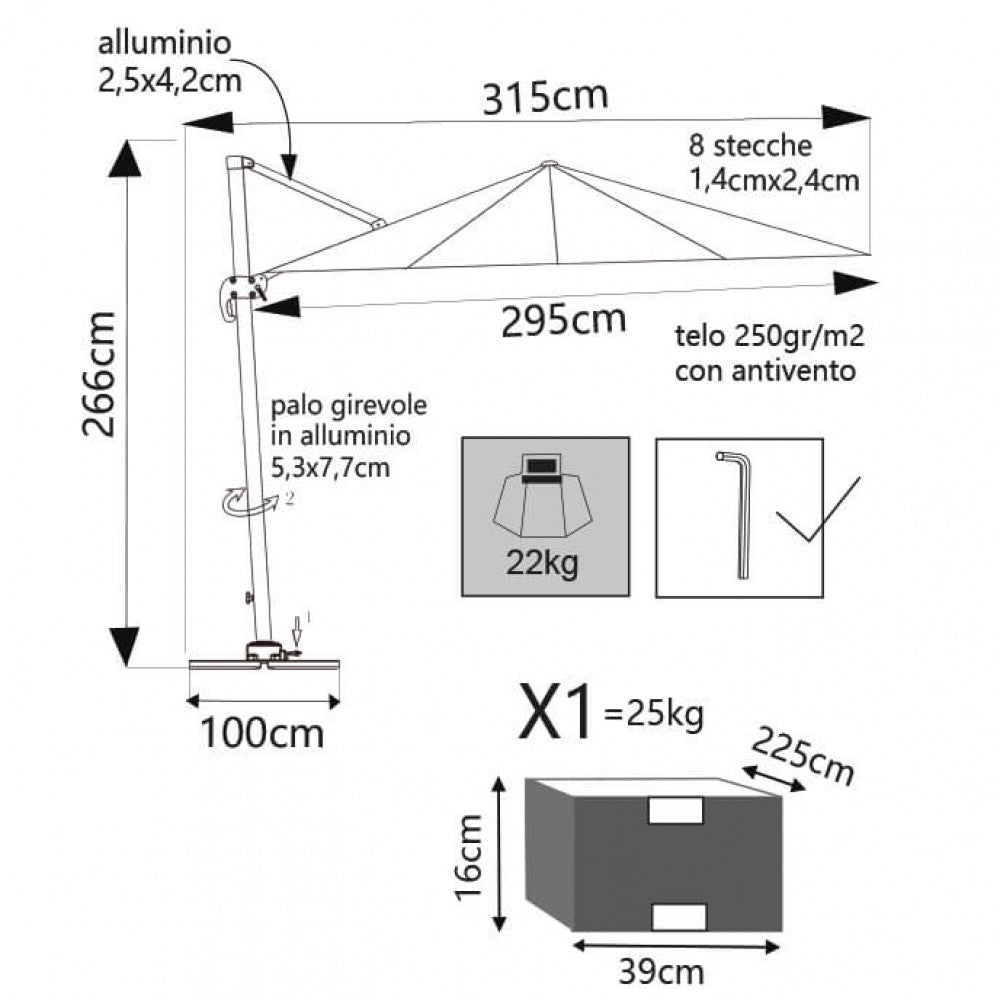 OMBRELLONE SATURNO TORTORA P/L 3 X 3 TELO TORTORA. Telo in poliestere TORTORA 250 gr con antivento palo girevole in alluminio 53x77 e 25x40 mm 8 stecche alluminio 14 x 24 mm Dimensioni: m 3 x 3. Arredo Giardino