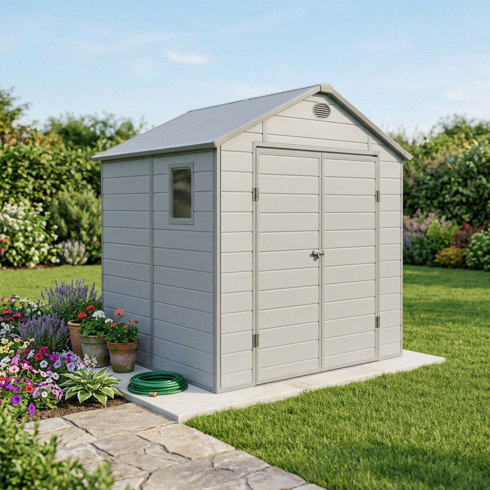 CASETTA HOME 190 X 192 X 226. Casetta in plastica con finestra MARRONE o GRIGIO CHIARO Dimensioni: cm 190 x 192 x 226 h. Arredo Giardino