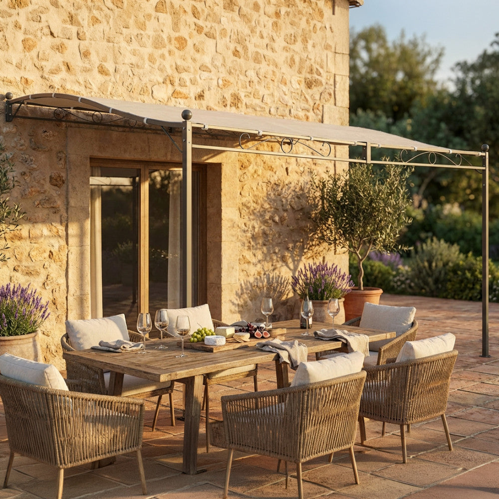 GAZEBO PERGOLA ADDOSSATO 3,5 x 2,5. Telo in poliestere AVORIO 180 gr struttura in metallo ANTRACITE gambe 50 x 50 mm Dimensioni: m 3,5 x 2,5. Arredo Giardino