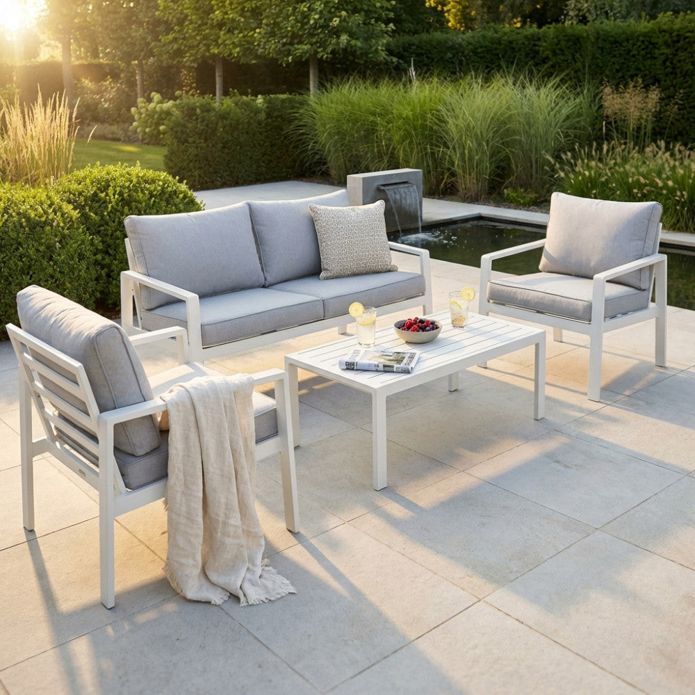 SANTO DOMINGO 2-SEAT LOUNGE WITH CUSHIONS. WHITE or ANTHRACITE aluminum frame, polyester cushions. Dimensions: D.140x70x68/D.64x70x68/T.100x50x35. Garden Furniture