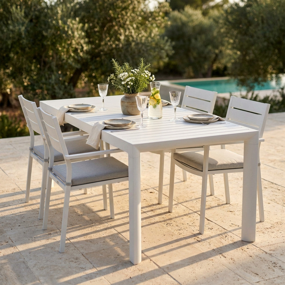 HOUSTON TABLE 160/240 X 100. Structure and top in WHITE, TAUPE, or ANTHRACITE aluminum. Dimensions: 160/240 x 100 x 74 h cm. Garden Furniture