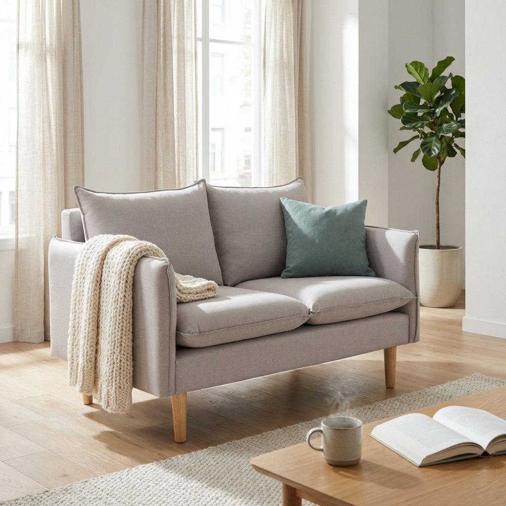 FLORIN 2-SEATER SOFA. Sofa in BEIGE, BLUE, DARK GREY, PURPLE, or CYAN with wooden legs. Dimensions: 130 x 84 x 51 cm.