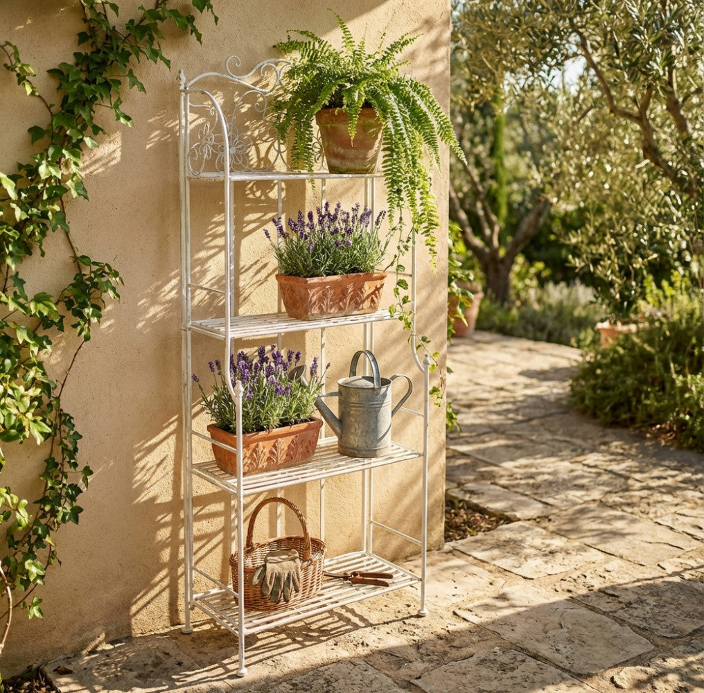 SCAFFALE FLORIANCE 4 PIANI BIANCO ANTICO. tagre in metallo 4 piani verniciato a polvere color BIANCO trattamento elettroforesi Dimensioni: cm 60 x 31 x 60 x 158 h. Arredo Giardino