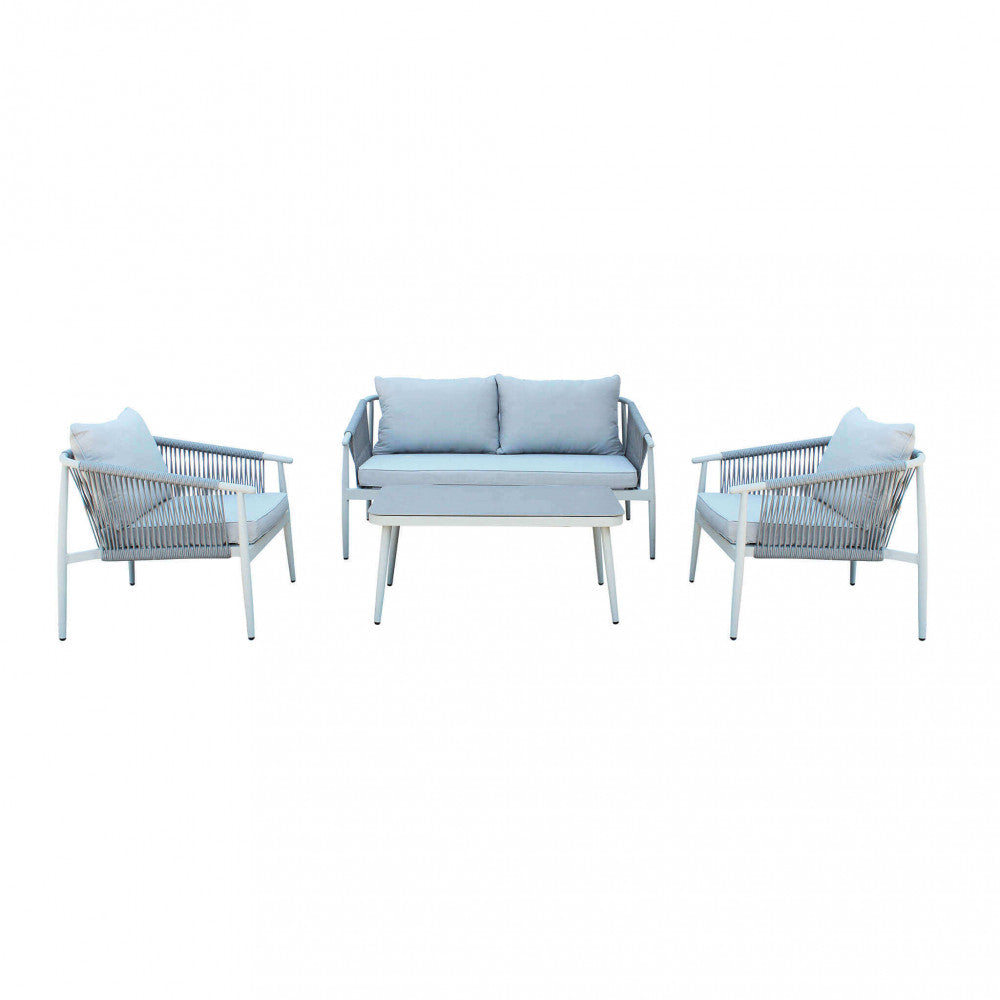 MUMBAI LOUNGE SETTEE 2 PCS/CUSHIONS. Powder-coated aluminum frame in DARK GREY or LIGHT GREY. Armrests and backrests. Synthetic round rope upholstery. 15 cm cushions. Coffee table with 5 mm tempered glass. Dimensions: D.152x80x73/D.71x80x73/T.100x...