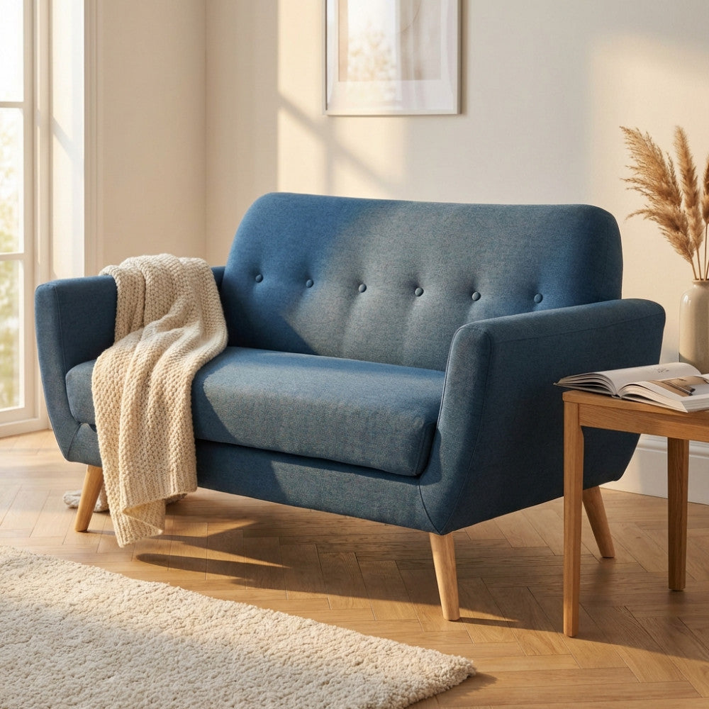 BURTON 2-SEATER SOFA. LIGHT GREY, DARK GREY or BLUE sofa with buttons and polypropylene legs. Dimensions: 147 x 79 x 86 h cm.