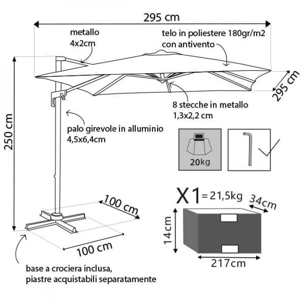 OMBRELLONE NEWTON NERO P/L 3 X 3 TELO GRIGIO. Telo in poliestere GRIGIO 180 gr con antivento palo girevole in alluminio 45x64 e in metallo 20x40 mm 8 stecche metallo 13 x 22 mm, base a crociera Dimensioni: m 3 x 3. Arredo Giardino