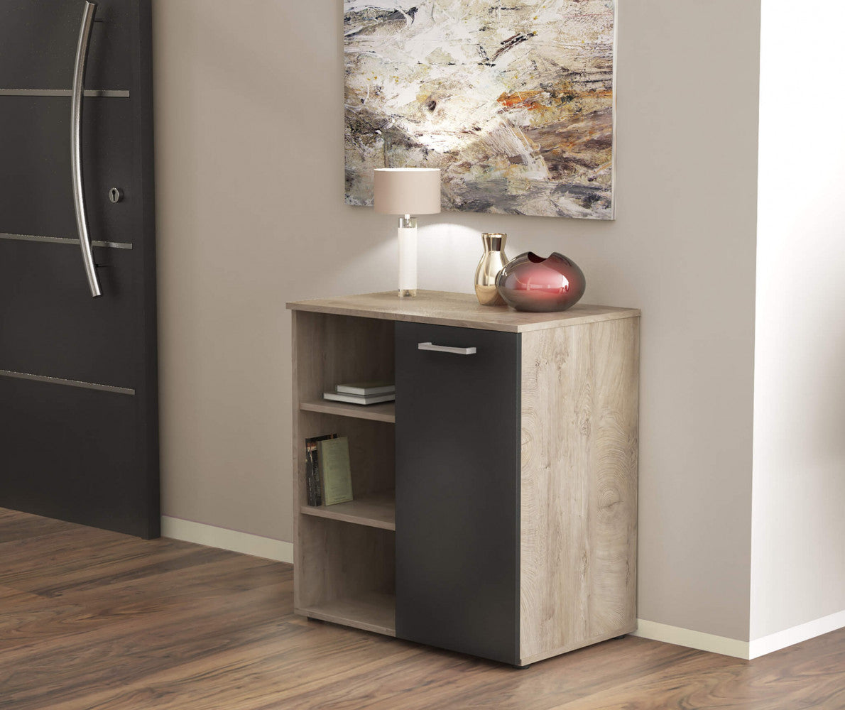 MOBILETTO 1 ANTA E 3 MENSOLE MARK ROVERE CHIARO E ANTRACITE. Dimensioni: cm 68 x 35 x 87 h.