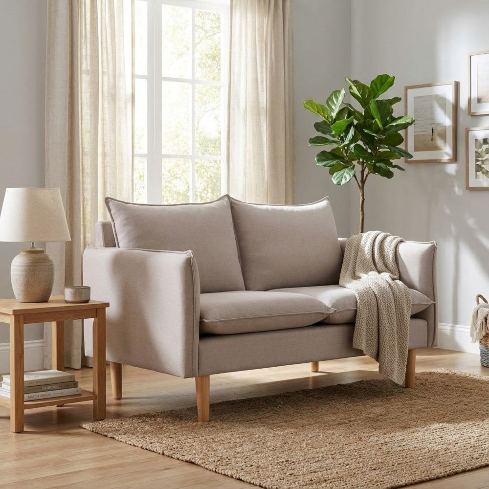 FLORIN 2-SEATER SOFA. Sofa in BEIGE, BLUE, DARK GREY, PURPLE, or CYAN with wooden legs. Dimensions: 130 x 84 x 51 cm.