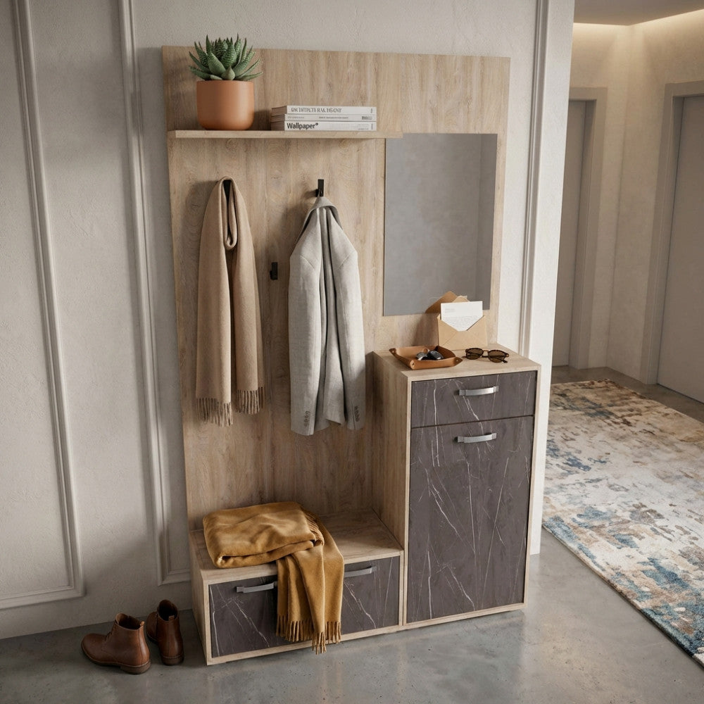 MOBILE PER ENTRATA SMERALDO ROVERE CHIARO E ANTRACITE. Dimensioni: cm 115 x 35 x 197 h.