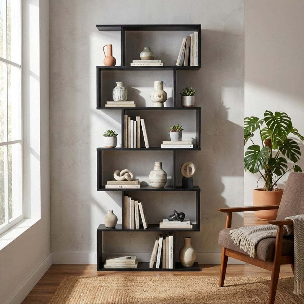 ALANA BOOKCASE, GREY AND NATURAL. Bookcase in natural, white, or dark gray melamine with 6 shelves. Dimensions: 80 x 23.5 x 190.5 h.