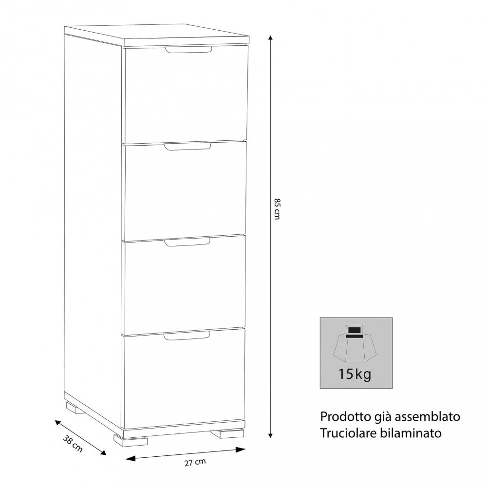CASSETTIERA PAROS 4 CASSETTI ROVERE GRIGIO. Dimensioni: cm 27 x 38 x 85 h.