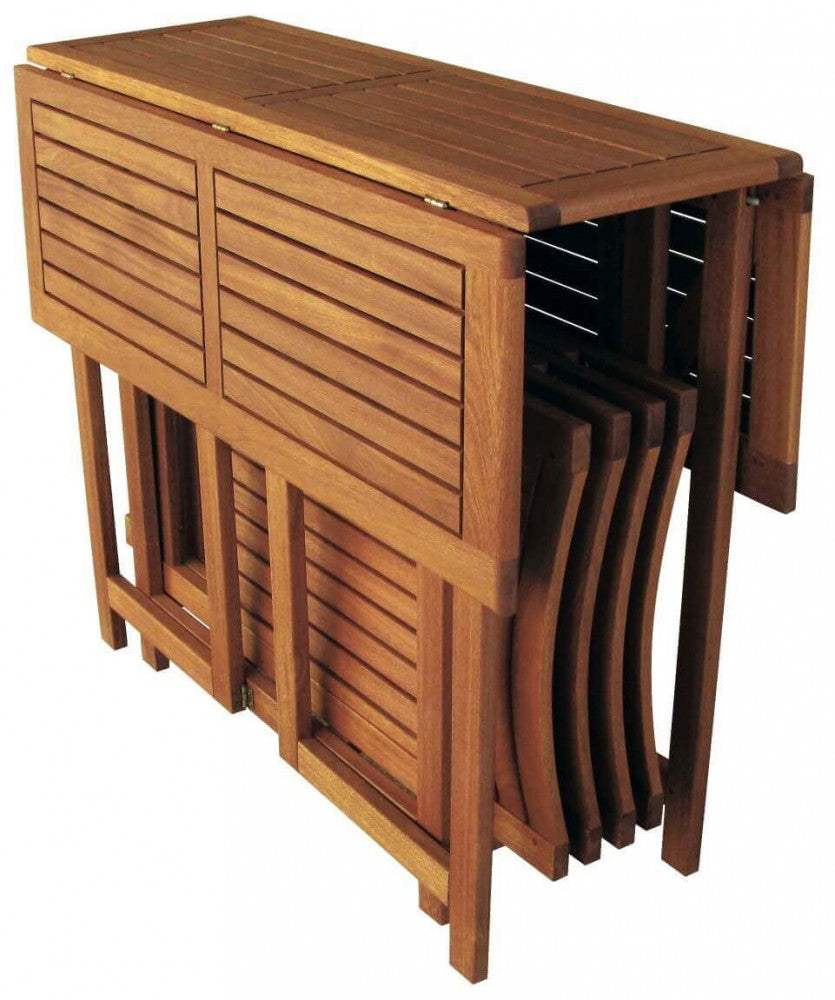 TABLE + 4 CHAIRS SET. Solid acacia wood. Dimensions: T 90 x 90 x 74 h S 44 x 47 x 78 h. Garden furniture.