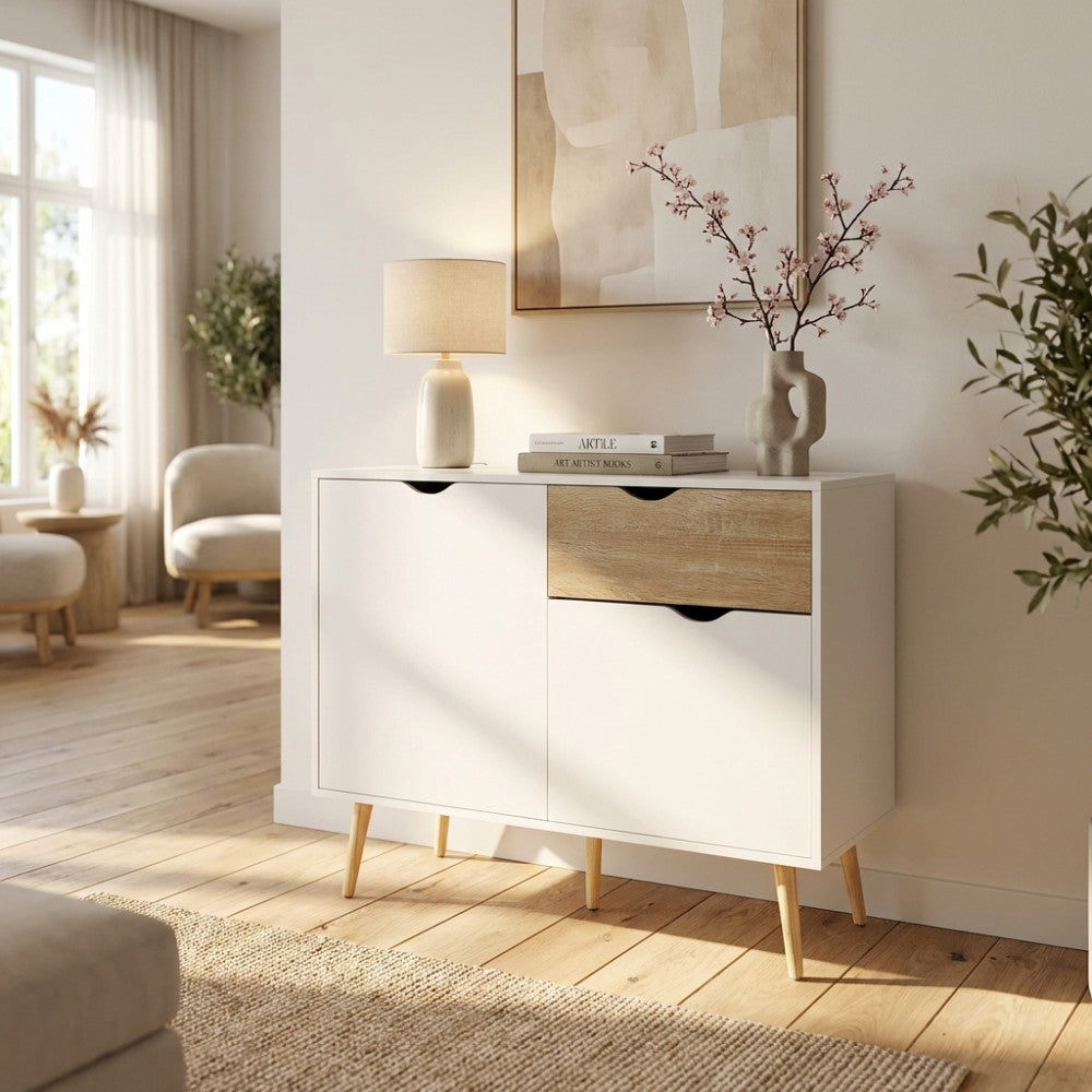 MOBILE THEODORE. Mobile con 1 anta e 2 cassetti in legno bianco e naturale Dimensioni: cm 99 x 39 x 82 h.