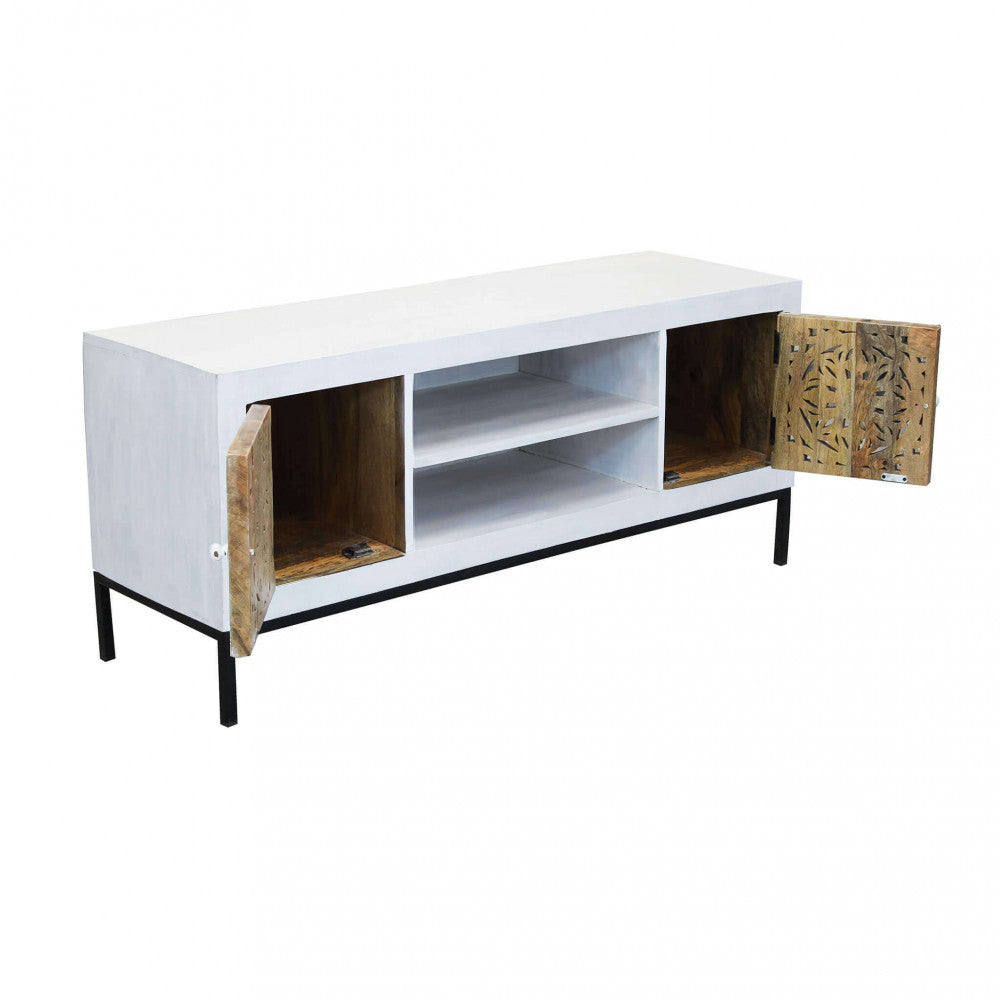 PORTA TV CLIFFORD. Porta tv con decoro sbiancato con 2 ante e 2 ripiani in legno di mango con struttura in ferro Dimensioni: cm 130 x 40 x 55 h.